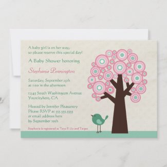 Trendy circle tree and bird baby shower invitation invitation
