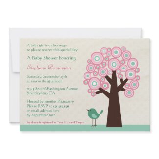 Trendy circle tree and bird baby shower invitation invitation