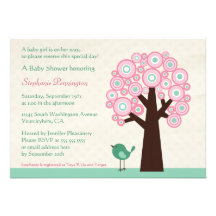 Trendy circle tree and bird baby shower invitation