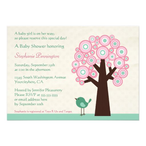 Trendy circle tree and bird baby shower invitation