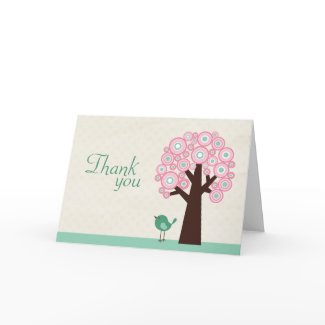 Trendy circle tree and bird baby shower thank you card