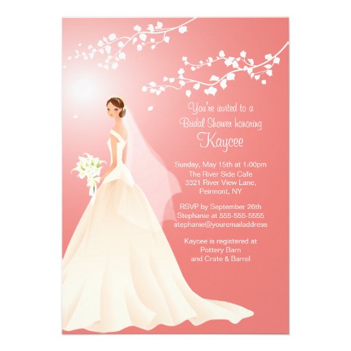 Trendy Coral BRUNETTE Bride Bridal Shower Invite (front side)