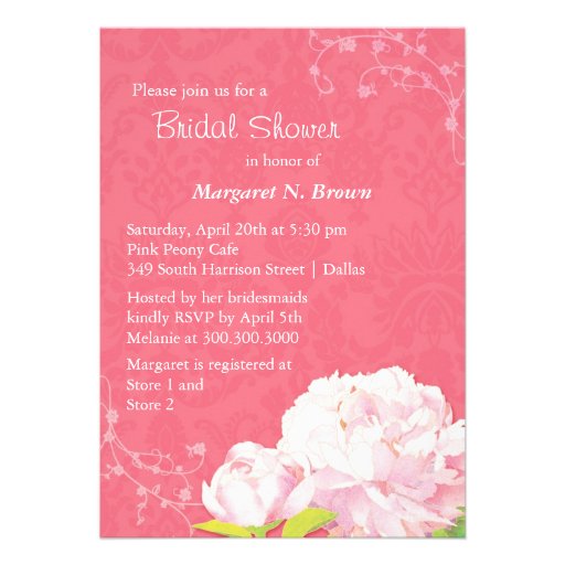 Trendy Coral Pink Damask + Peony Bridal Shower Custom Announcements