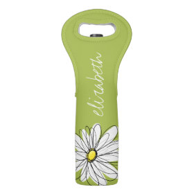 Trendy Daisy Floral Illustration - lime and yellow Wine Bags