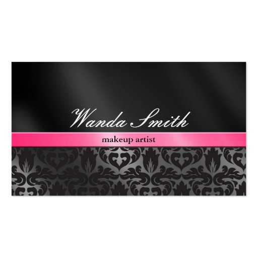 Trendy Damask Pink and Black Business Card 2 Sided (front side)