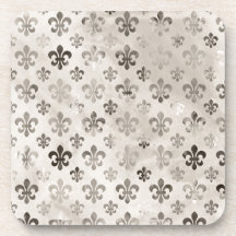 Trendy Distressed Silver Grey Fleur De Lis Pattern Drink Coaster