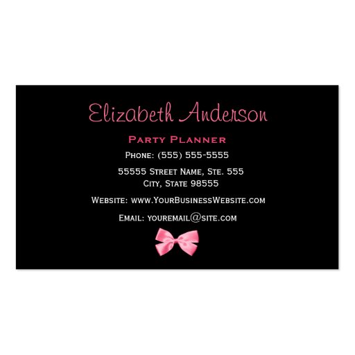 Trendy Event Planner Pink and Black Zebra With Bow Business Cards (back side)