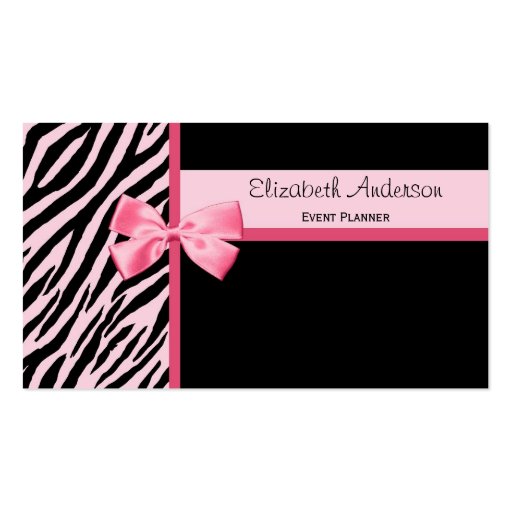 Trendy Event Planner Pink and Black Zebra With Bow Business Cards (front side)