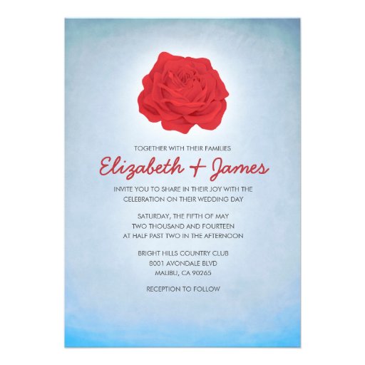 Trendy Floral Blue and Red Wedding Invitations (front side)
