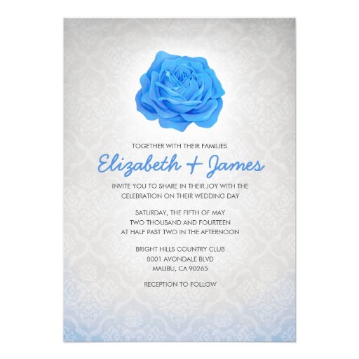 Trendy Floral Blue Damask Wedding Invitations