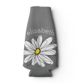 Trendy Floral Daisy with gray yellow custom name Bottle Cooler