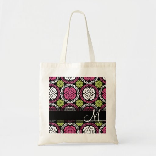 Trendy Floral Pattern Hot Pink and Black Monogram Tote Bag | Zazzle