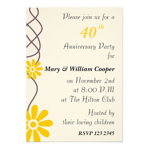 Trendy Flowers 40th Wedding Anniversary Party Personalized Invitations