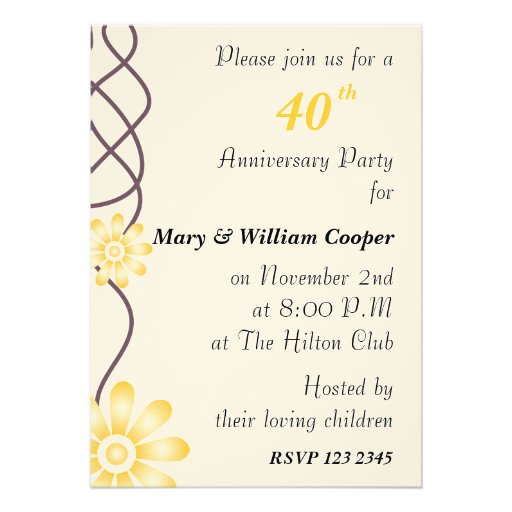 Trendy Flowers 40th Wedding Anniversary Party Custom Invitations