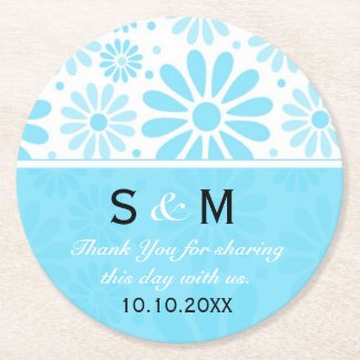 Trendy Flowers Wedding Thank You Monogram:Blue Round Paper Coaster