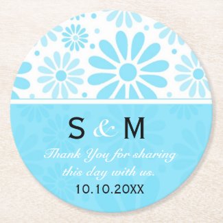 Trendy Flowers Wedding Thank You Monogram:Blue Round Paper Coaster