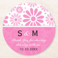 Trendy Flowers Wedding Thank You Monogram:Pink Round Paper Coaster