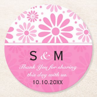 Trendy Flowers Wedding Thank You Monogram:Pink Round Paper Coaster