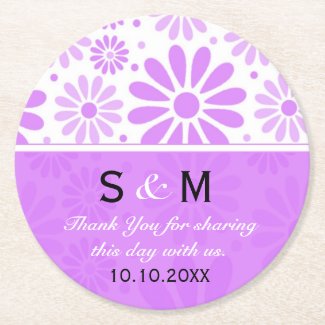 Trendy Flowers Wedding Thank You Monogram:Purple Round Paper Coaster