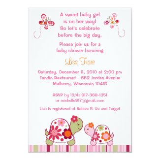 Trendy Girl Turtle Baby Shower Invitations