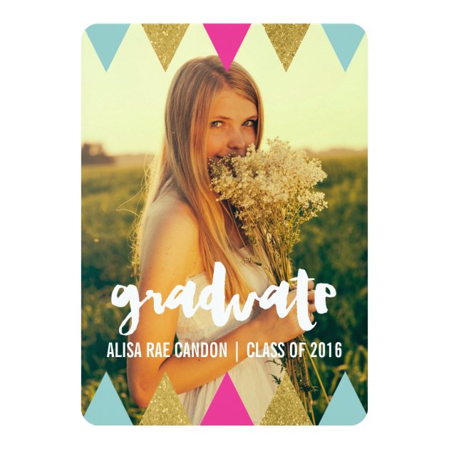 Trendy Glitter Triangles Graduation Announcement (front side)