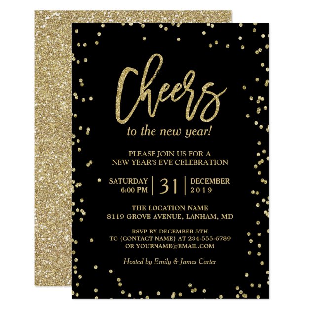 Trendy Gold Glitter Cheers New Year's Eve Party Card (front side)