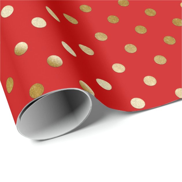 Trendy Gold Glitter Polka Dots Hot Red Wrapping Paper 3/4