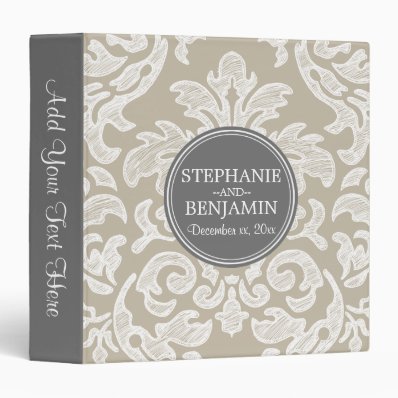 Trendy Gray & Linen Beige Damask Pattern Wedding 3 Ring Binder