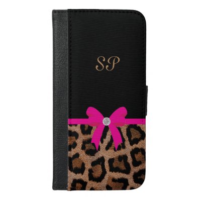 Trendy Hot Pink and Black Leopard Bow Monogram iPhone 6/6S Plus Wallet Case
