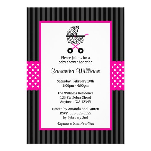 Trendy Hot Pink Zebra Carriage Baby Shower Custom Invite (front side)