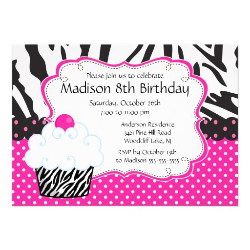 Trendy Hot Pink & Zebra Cupcake Birthday Party Custom Invitations