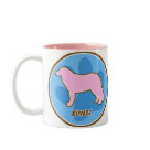 twotone_mug - Cute trendy Kuvasz merchandise for dog lovers has a pink silhouette, with a bright blue background and a paw print. Outlined in chocolate brown and white. Funky and cool pet gifts!