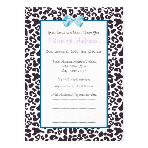 Trendy Leopard Print and Blue Ribbon Bridal Shower Personalized Invite