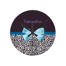 Trendy Leopard Print and Blue Ribbon With Name Round Wall Clocks