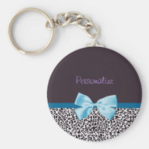 Trendy Leopard Print and Blue Ribbon With Name Key Chains