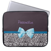 Trendy Leopard Print and Blue Ribbon With Name laptop sleeves