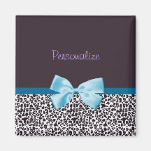 Trendy Leopard Print and Blue Ribbon With Name Magnet