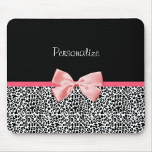 Trendy Leopard Print and Pink Ribbon With Name Mouse Pads