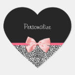 Trendy Leopard Print and Pink Ribbon With Name Heart Stickers