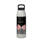 Trendy Leopard Print and Pink Ribbon With Name Water Bottles