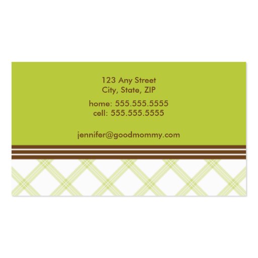 Trendy Lime Green Plaid Mommy Calling Card Business Card Template (back side)