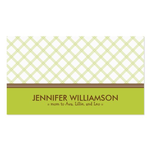 Trendy Lime Green Plaid Mommy Calling Card Business Card Template (front side)
