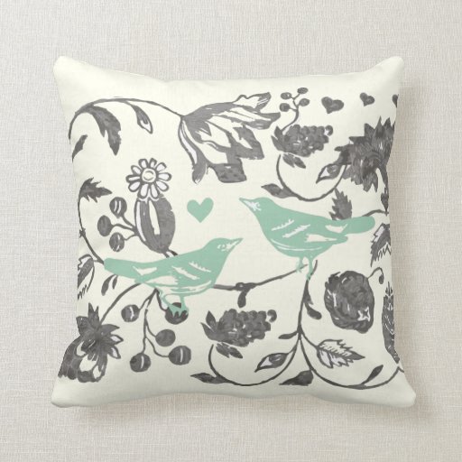 Trendy Mint and Gray Vintage Floral Bird Throw Pillow Zazzle