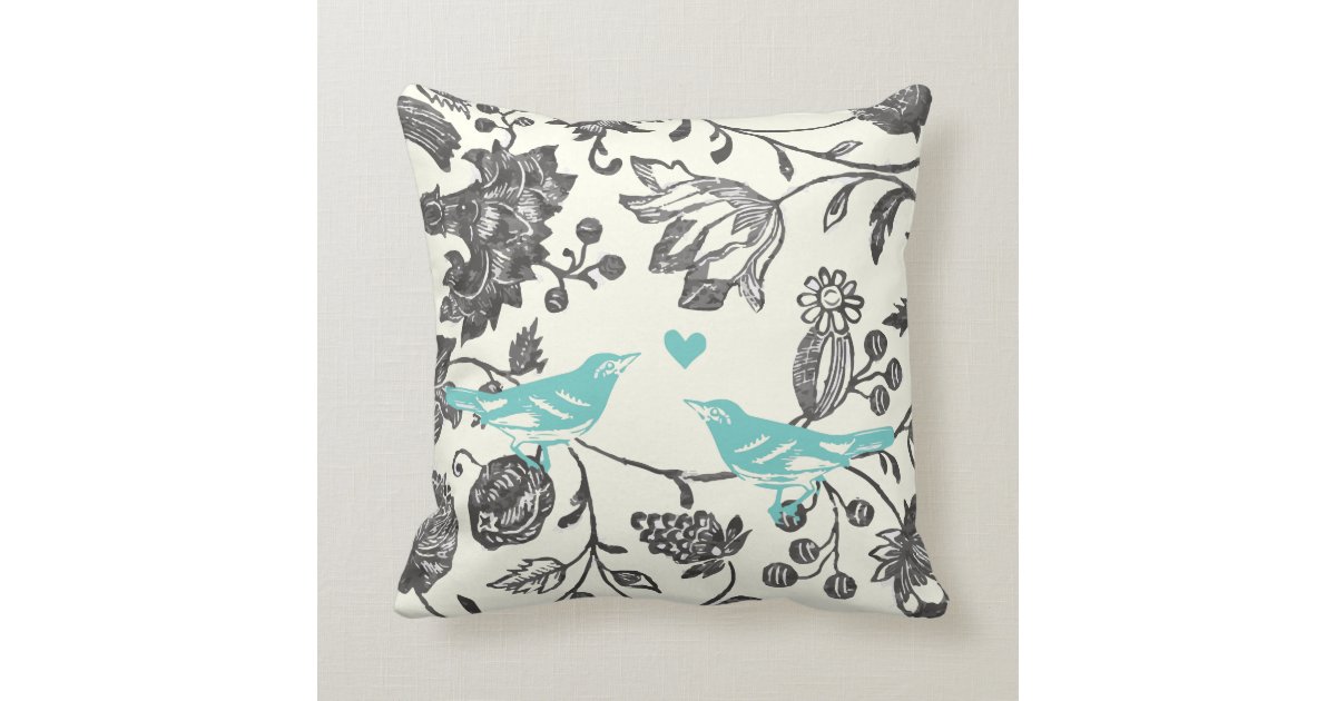Trendy Mint Gray Vintage Modern Floral Bird Pillow Zazzle