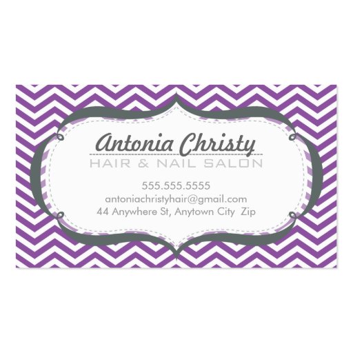 TRENDY modern chevron pattern violet purple gray Business Card Template (front side)