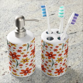 Trendy Orange Yellow Floral Pattern On White Bath Accessory Sets