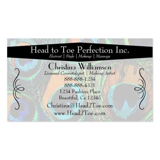 Trendy Peacock Feathers Business Card Template (back side)