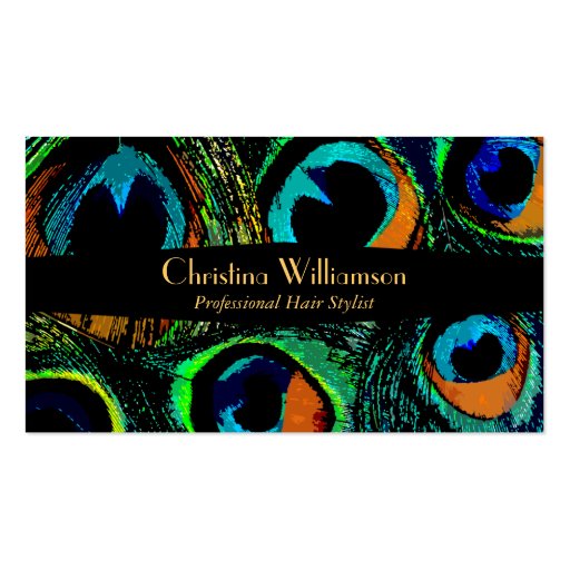 Trendy Peacock Feathers Business Card Template (front side)
