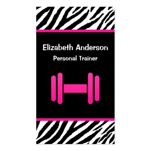 Trendy Pink and Black Dumbbell Personal Trainer Business Card Templates (front side)