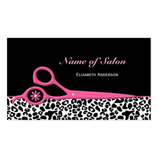 Trendy Pink and Black Leopard Hair Salon Scissors Business Card Template (front side)